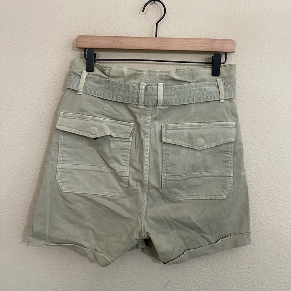 FRAME Safari Belted High Rise Paperbag Cuffed Hem Shorts Washed Od Green 26 - Picture 7 of 11